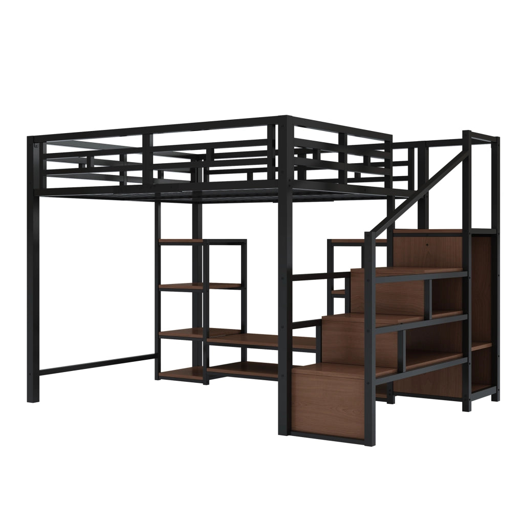 Letto a soppalco 140x200 cm con supporto TV; prese USB; scala di sicurezza e contenitore; metallo e legno nero