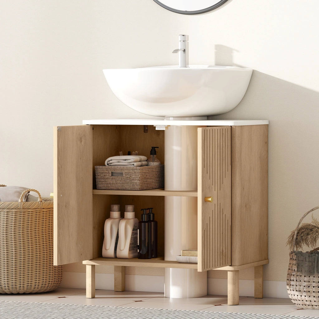 Mobile Sottolavabo a 2 Ante con Ripiano Effetto Marmo e Mensola Regolabile. Rovere