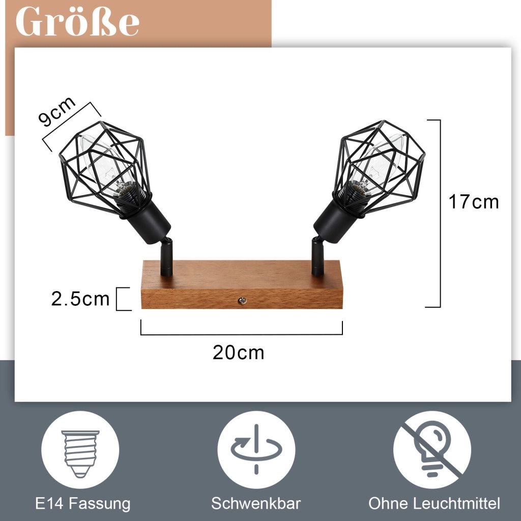 ZMH Faretto da soffitto neri 2 luci E14 legno metallo vintage rotativi 350° max 25W per cucina soggiorno