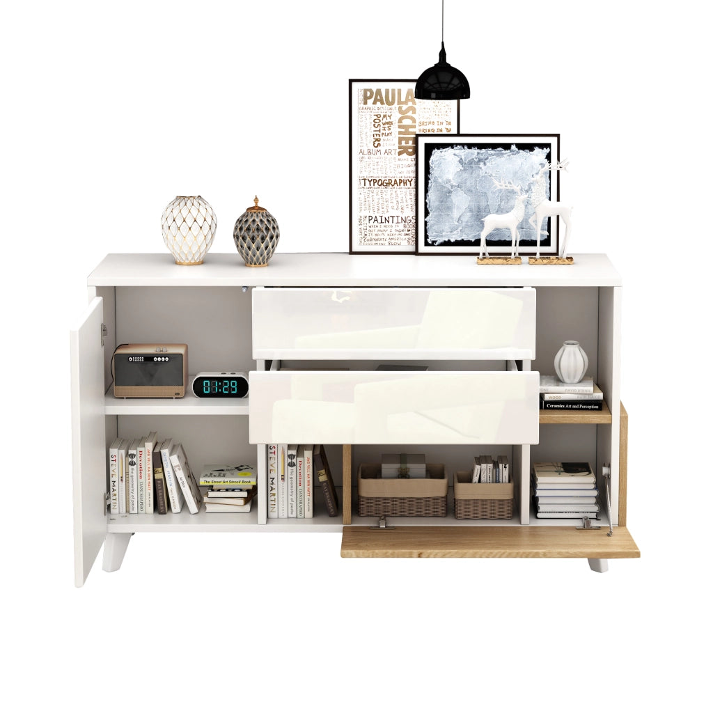 Sideboard moderno 130x40x70 cm in truciolare bianco lucido e rovere chiaro