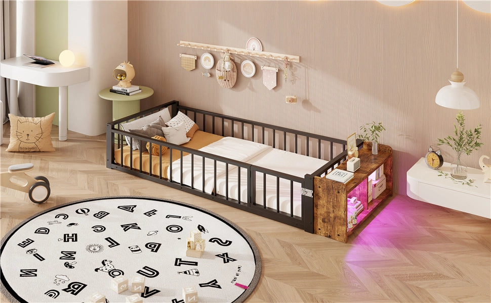 DESMIU Letto bambino 90 × 200 cm con cassetto, ripiano e LED, con sponda di sicurezza, senza materasso, in metallo e MDF, nero