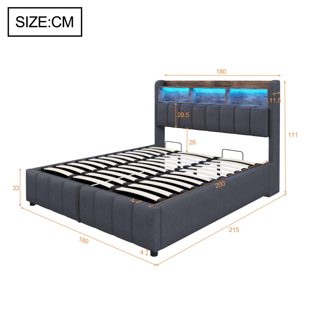 Letto imbottito grigio 180 x 200 cm con LED, USB e vano contenitore