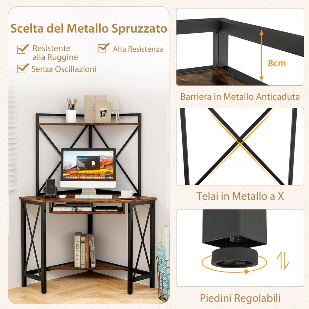 Scrivania Angolare con Prese, Scrivania ad Angolo con Ripiani, Porta Tastiera Estraibile e Struttura in Metallo, Scrivania Salvaspazio per Ufficio e Casa(marrone e nero)