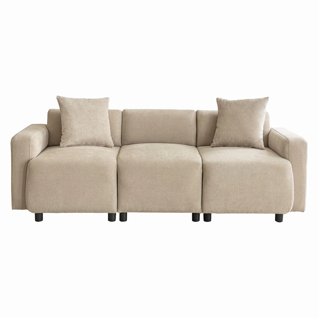 Divano 3 posti in ciniglia beige con 2 cuscini