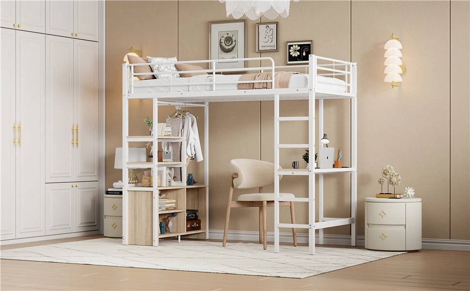 DESMIU Letto a soppalco 1 posto con scrivania, presa, USB e scaffali 90 × 200 cm, senza materasso, metallo bianco