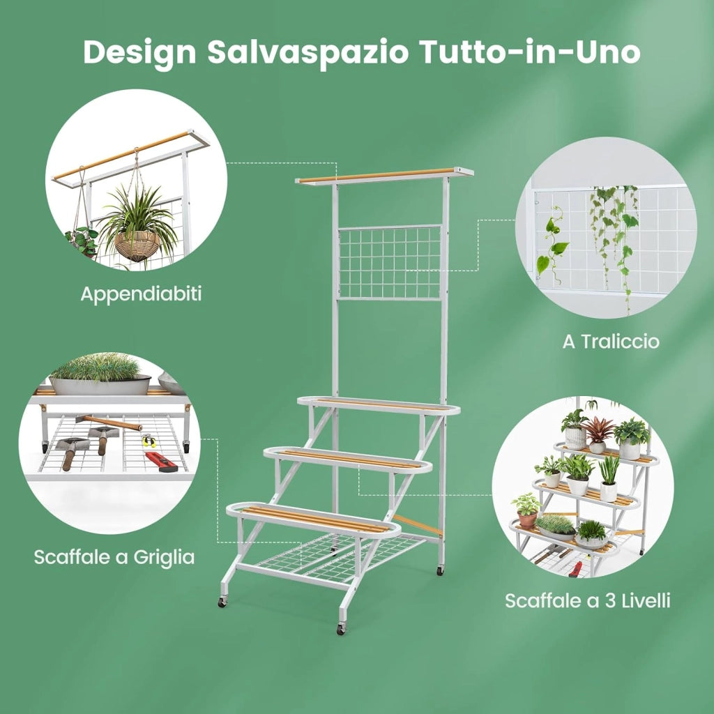 Scaffale per Piante da Interno ed Esterno, Porta Piante a 4 Livelli con Ruote, Barra e Traliccio, Portafiori da Soggiorno, Balcone, Giardino e Terrazzo, 80 x 85 x 175 cm