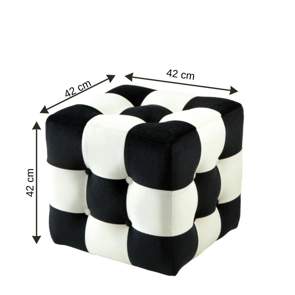 Pouf in velluto "Patchwork" - 42 x 42 x 42 cm - Nero / Bianco