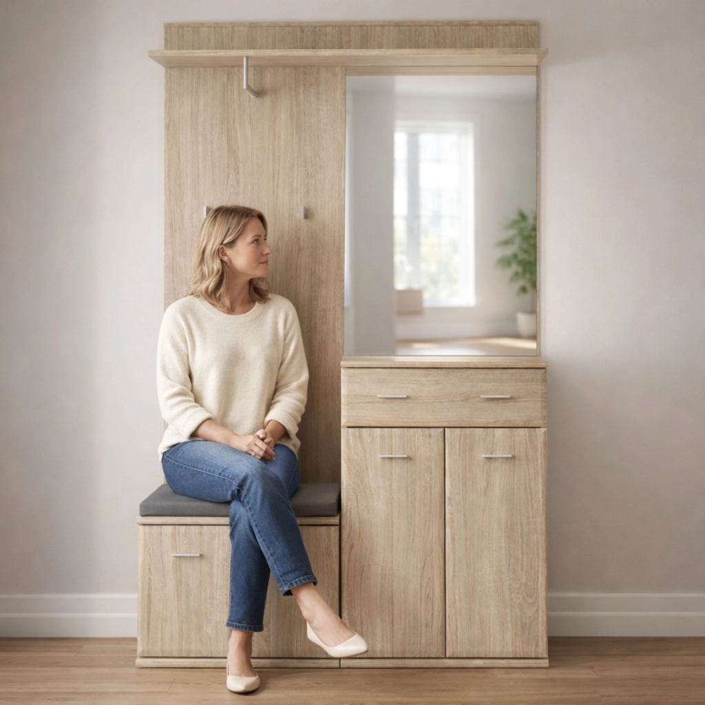 Set Ingresso Con Panca Portascarpe Appendiabiti Mobile Entrata Specchio Mobiletto Contenitore Multifunzione Salvaspazio Corridoio Casa Design Moderno 120 x 32 x 203 Cm Rovere