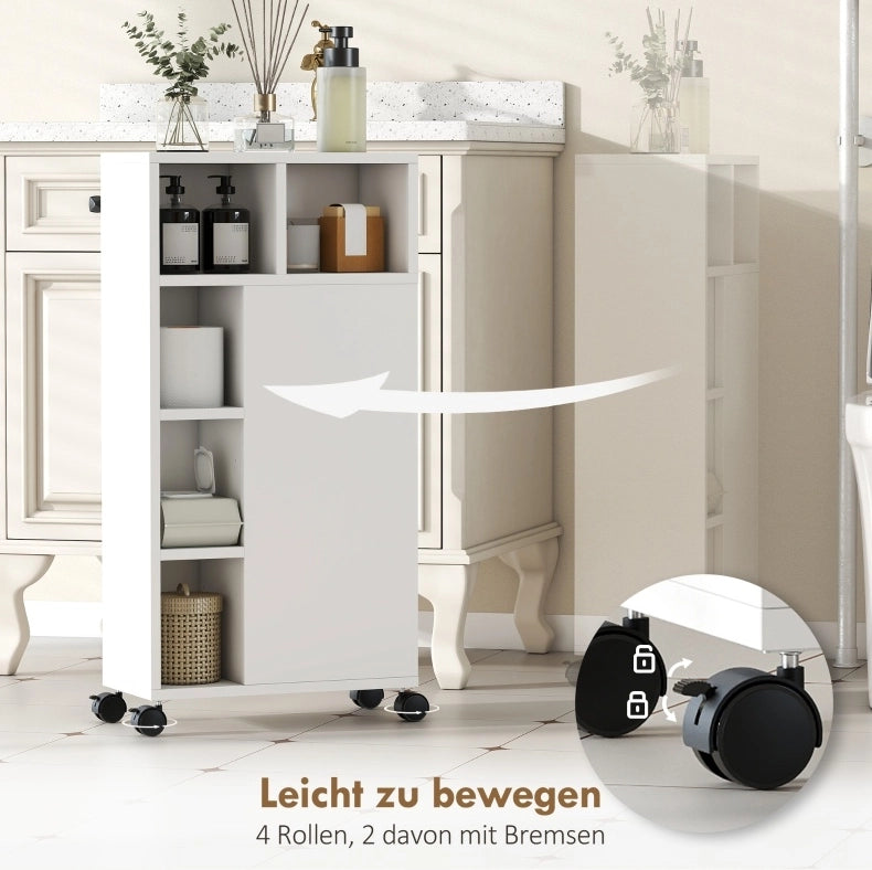 Mobile bagno stretto con ruote, 3 cassetti e 5 vani