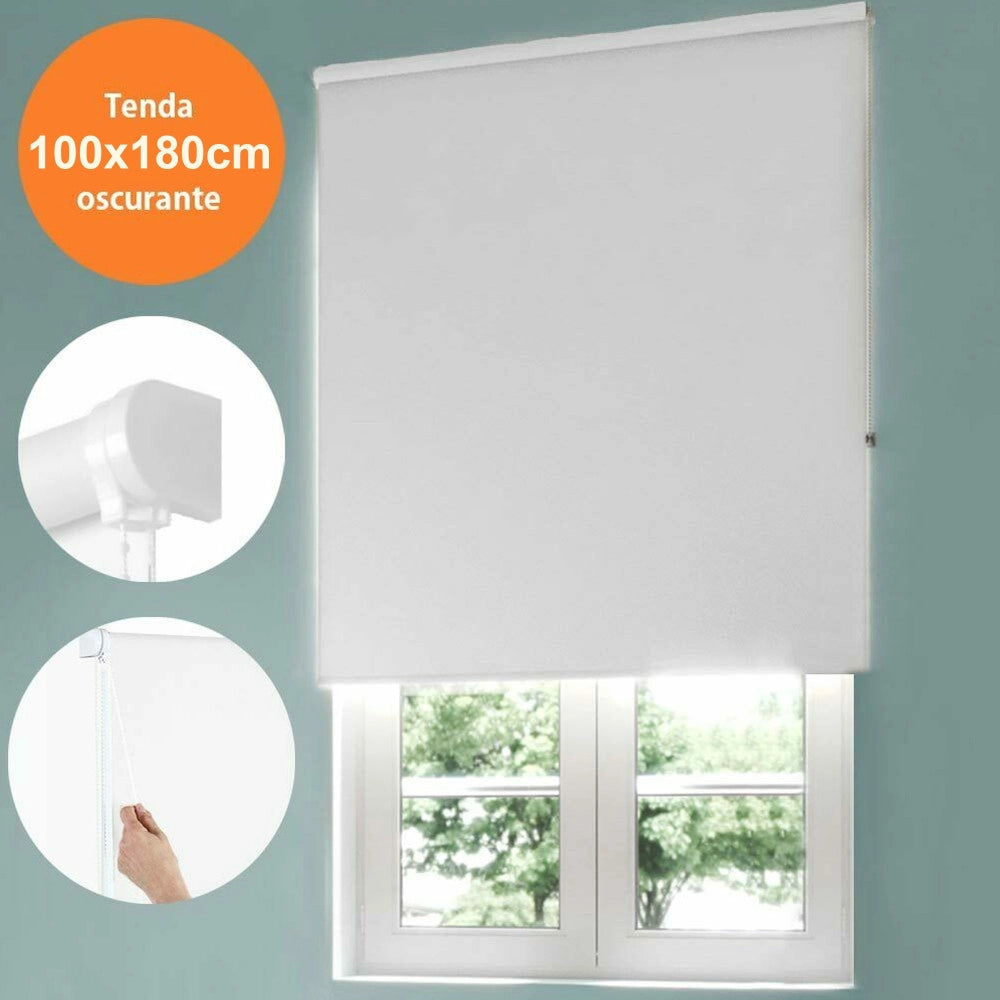 Trade Shop - Tenda Rullo Oscurante 100x180cm Bianco Con Catenina Tende Parasole Finestra Casa -