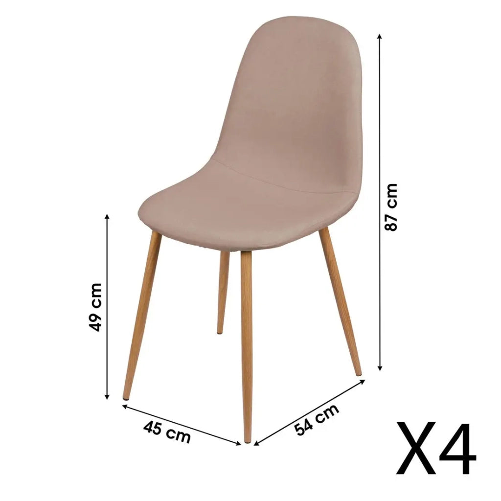 Set di 4 sedie in tessuto color taupe con gambe in metallo effetto legno – 45x87x54 cm, altezza seduta 49 cm – Collezione NORDICA