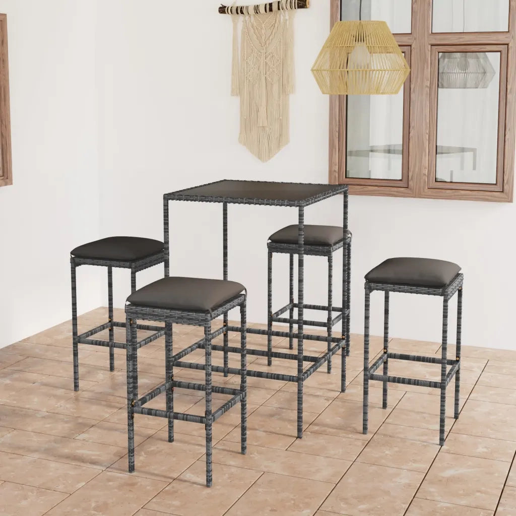 Set da Bar da Giardino 5 pz | Set Salotto da Giardino con Cuscini in Polyrattan Grigio
