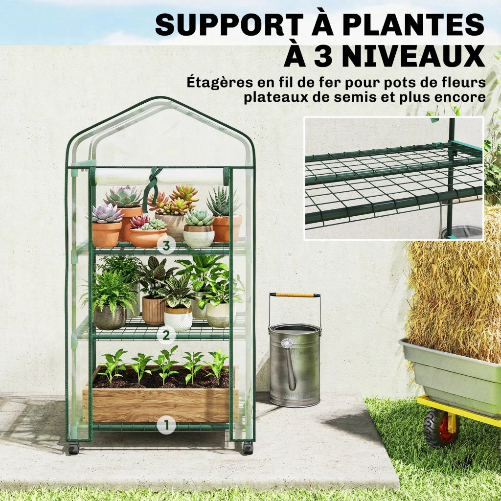 Serra da giardino con 3 ripiani, copertura in PVC, porta a rullo ¨C zephmum ¨C trasparente 69x49x130 cm