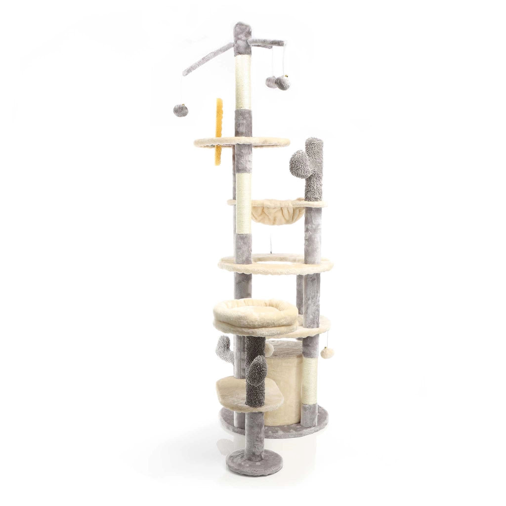 Fudajo Albero tiragraffi per gatti grigio chiaro 172 cm con casetta amaca e palline