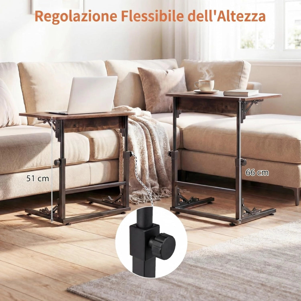 Tavolino da Divano e Letto, Tavolino Laterale Pieghevole e Regolabile in Altezza con Struttura Metallica e Piedini Antiscivolo, Tavolo per Soggiorno, Camera da Letto e Studio
