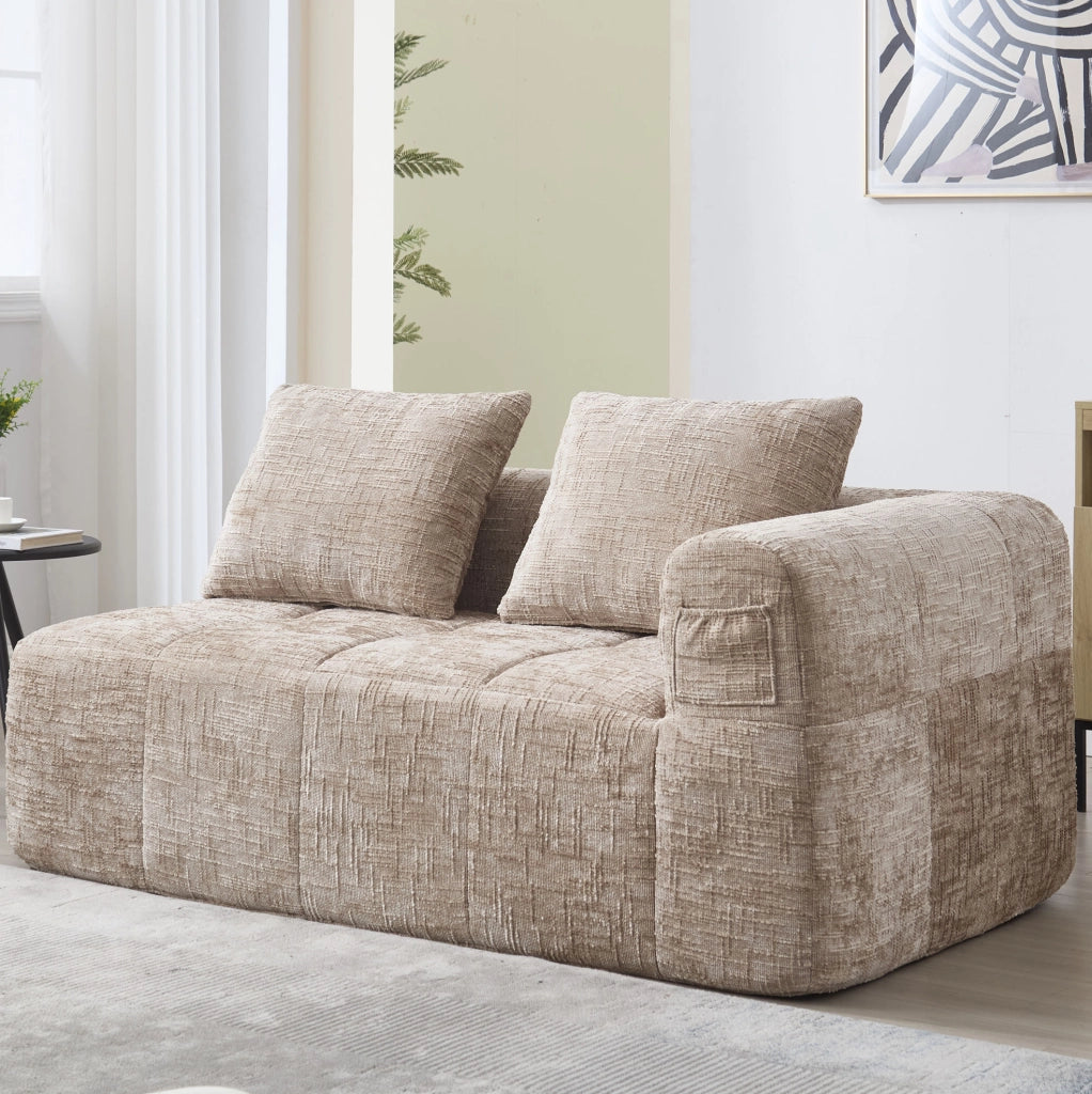 Divano chaise lounge moderno in chenille khaki con tasche laterali; 158 x 90 x 60 cm