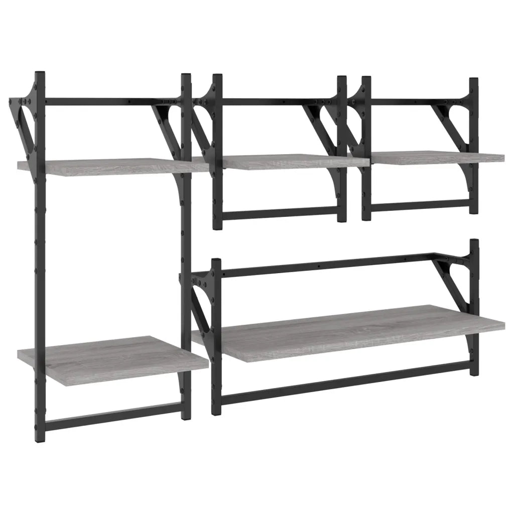 Set Mensole Parete con Aste 4pz Grigio Sonoma Legno Multistrato 836266