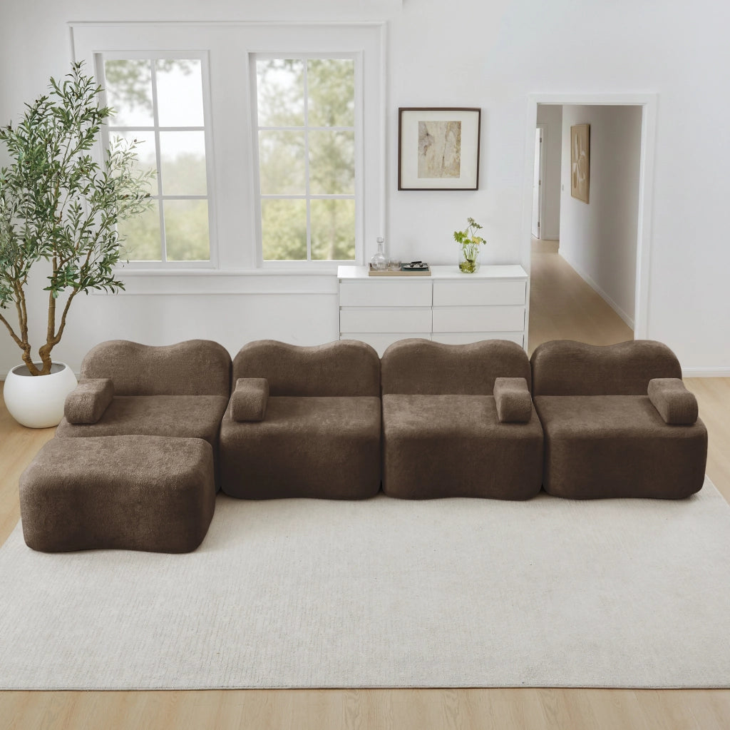 Divano modulare angolare senza struttura con pouf; velluto; marrone
