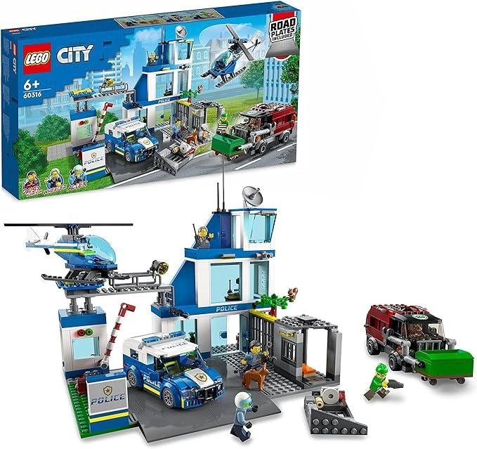LEGO City Police Stazione di Polizia, Set con Elicottero Giocattolo, Macchina e Camion della Spazzatura