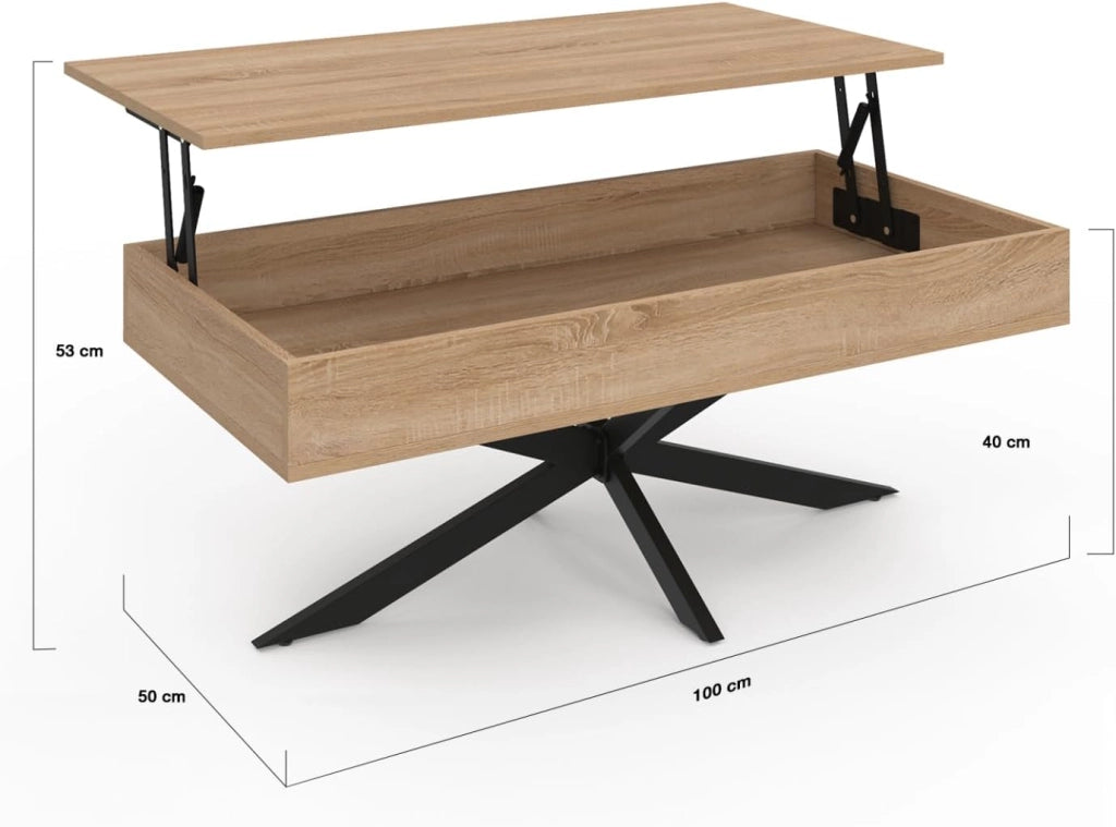 Tavolino rettangolare ALIX da 100 cm con piano sollevabile e gambe a ragno in legno e nero