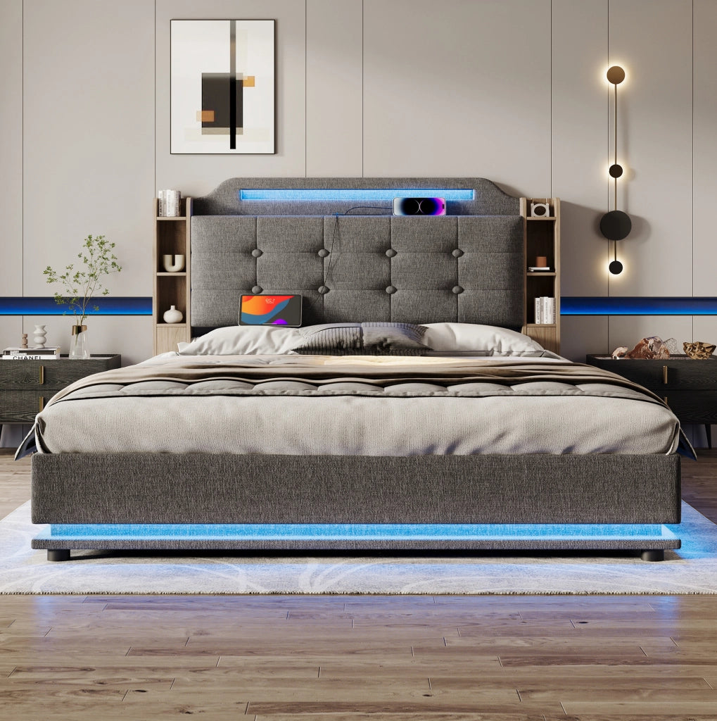 Letto imbottito 140x200 cm grigio con LED, USB-C e contenitore