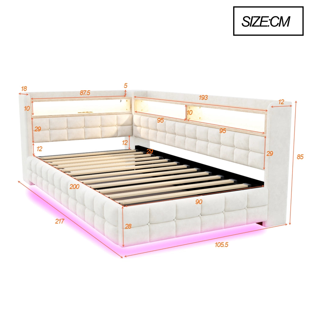 Letto imbottito 90x200 cm beige in velluto con contenitore, LED e prese