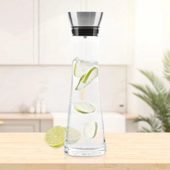 Caraffa acqua - 1,2 Litro - Con Filtro in Acciaio Inossidabile - Caraffa in Vetro - Bicchiere per Bere - Dimensioni 10 x 10 x 34 Cm.