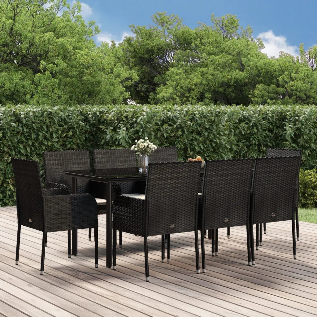 Set da Pranzo da Giardino 9 pz con Cuscini Nero in Polyrattan 3185158