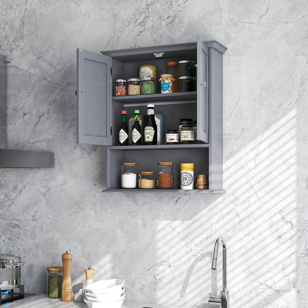 Armadio da Bagno Sospeso, con Ripiano Aperto, Armadio da Bagno con Ante e Mensola Regolabile, Pensile per Camera, Cucina, 60 x 19 x 71 cm