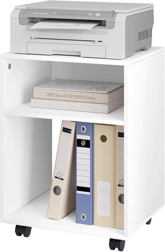 Set di 2 Comodino Tavolino con Ruote, Mobile Porta Stampante con 2 Scomparti Aperti, Comodino Bianco per Camera da Letto, Salotto, Ufficio, in Legno, 40x35x55cm, 0008CTG-2