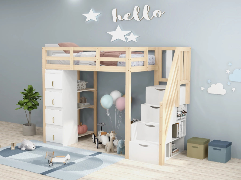Letto a castello in legno naturale con cassettoni funzione contenitore 90x200 cm