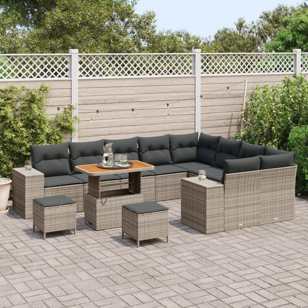 Set di Divani da Giardino da 12 Pezzi con Cuscini Grigi in Polirattan e Acacia