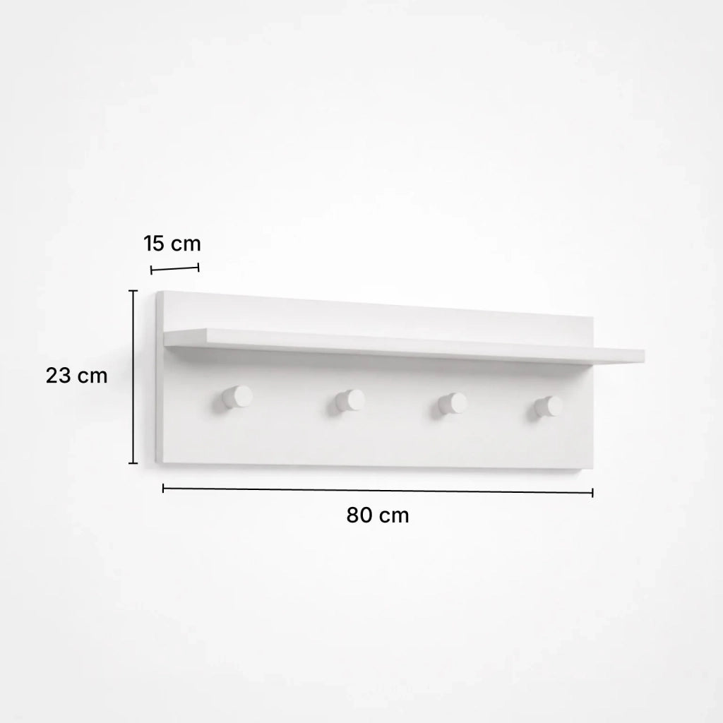 Appendiabiti da Parete con 4 Ganci e Mensola | Attaccapanni Moderno Bianco Salvaspazio per Ingresso, Corridoio e Camera | Organizer da Muro 80x15x23 cm