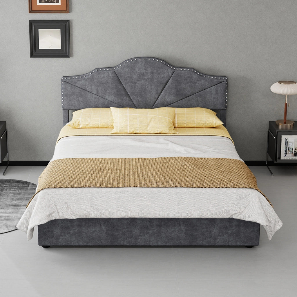 DESMIU Letto contenitore 140 × 200 cm 2 posti con testiera geometrica, senza materasso, in tessuto, grigio