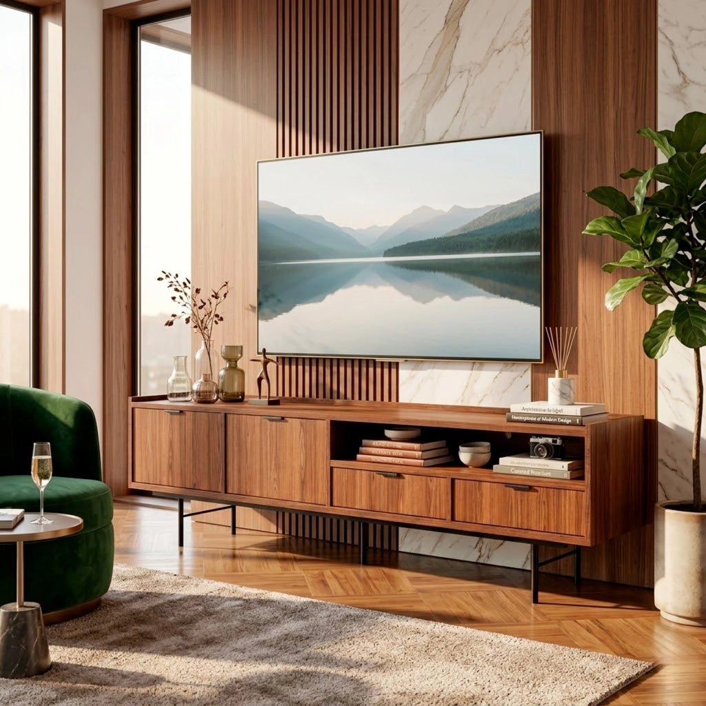 Mobile Porta TV Moderno Per Salotto Zona Living Soggiorno Con 2 Ante A Ribalta 2 Cassetti Vano A Giorno Passacavo Struttura In Melaminico Design Contemporaneo 200 X 40 X 55 Cm Noce
