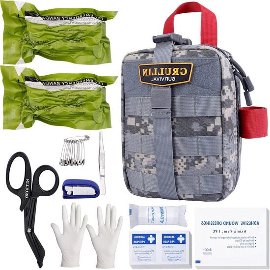 Kit di Pronto Soccorso Tattico Medio con MOLLE per Emergenze Primo Soccorso Campo Esterno Borsa EMT per Avventura Caccia Campeggio Escursioni Viaggi - Camouflage Grigio