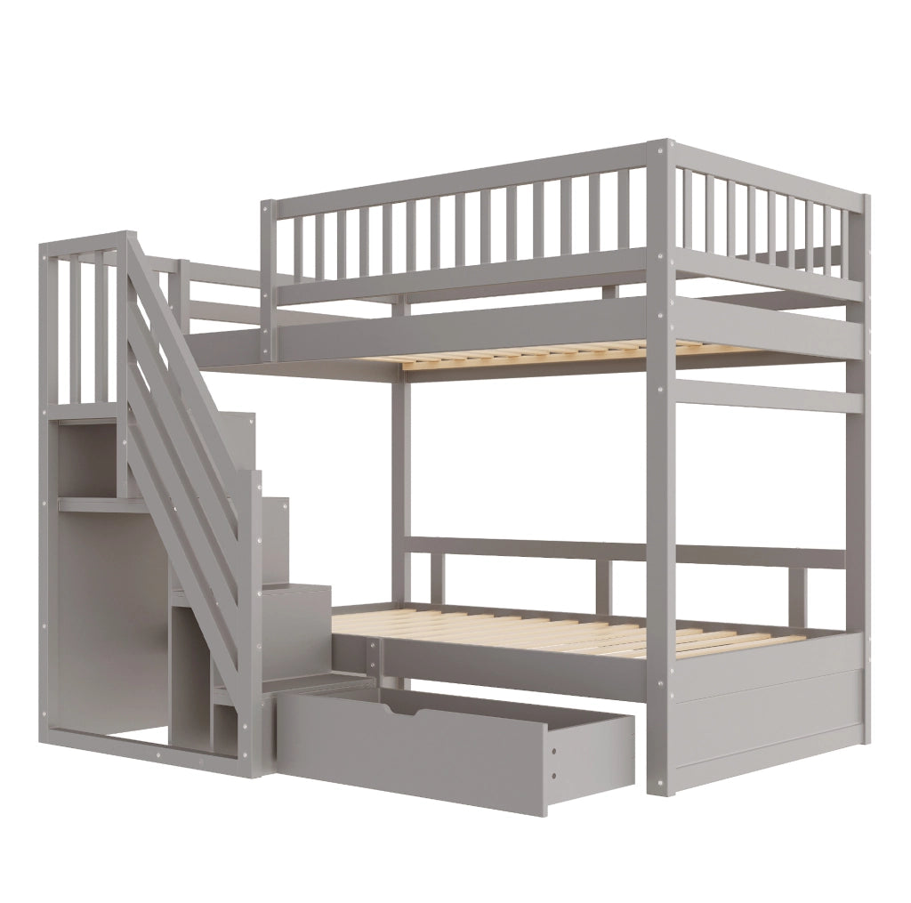 Letto a castello 90x200 cm con scala contenitore; sponde di sicurezza e cassetti in legno grigio