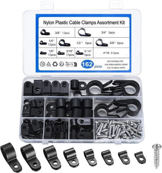 Cerniere nylon per fissaggio cavi - 162 pezzi - Nero - 8 misure