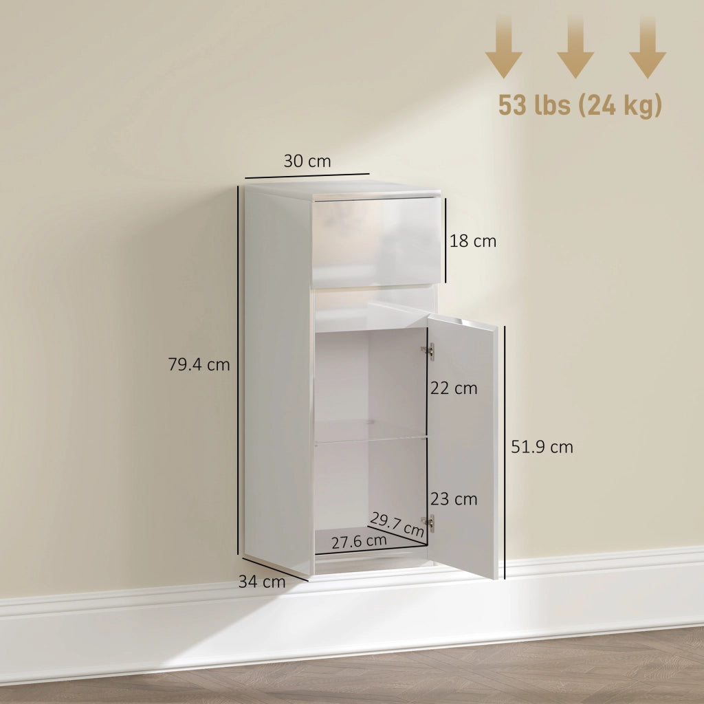 Mobiletto Bagno Sospeso con Cassetto, Anta Lucida e Ripiano in Vetro Regolabile, Bianco