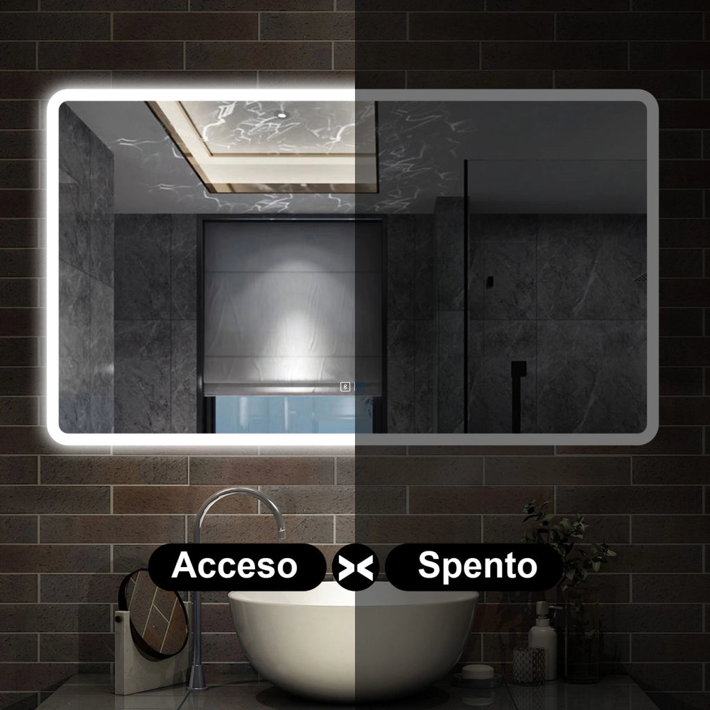 specchio rettangolare 120 x 70 cm con luce led a 3 colori, antiappannamento e touch, bluetooth