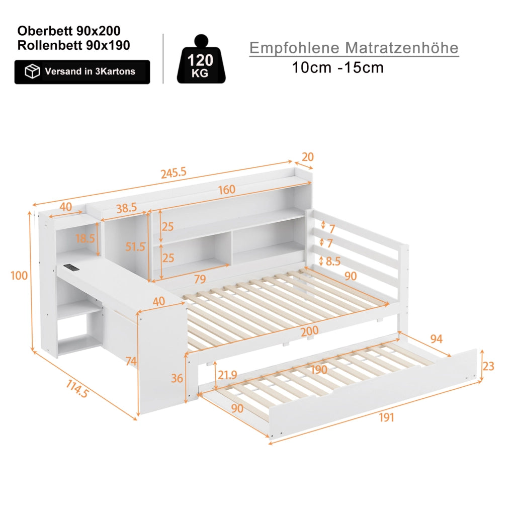 Letto multifunzionale in legno 90x200 cm con letto estraibile, scrivania e scaffali