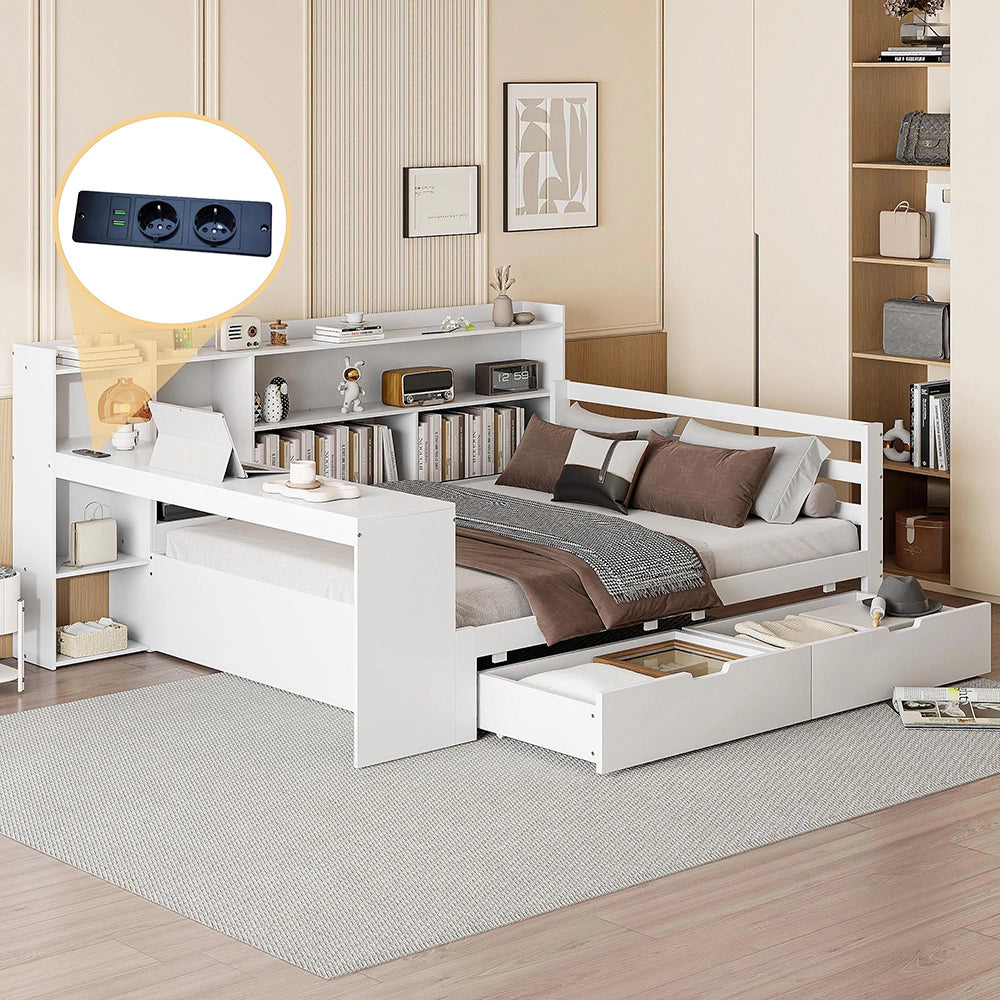 Divano letto-Xylo-140x200 cm-libreria, 2 contenitori, prese, legno bianco