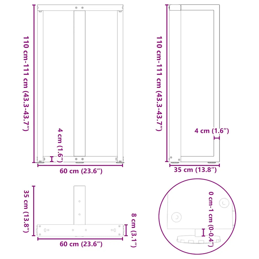 Gambe per tavolo da bar a forma di T 2 pz nere 60x35x(110-111) cm in acciaio 4013104