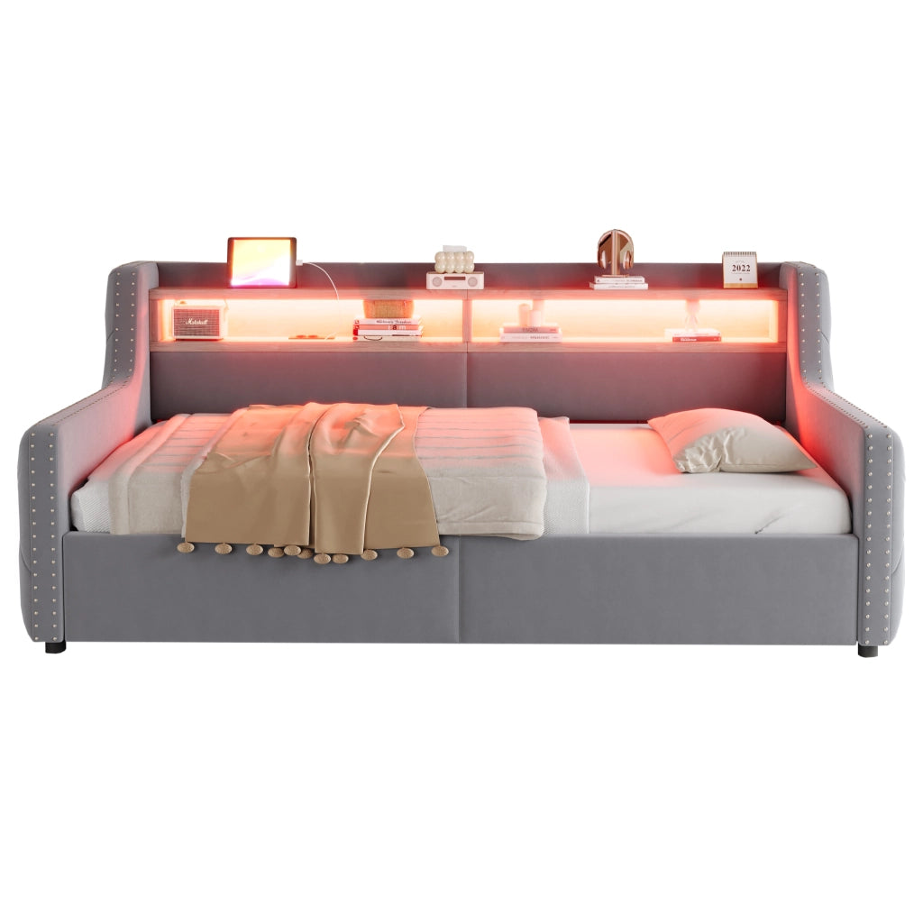 Divano letto imbottito 90 x 200 cm con contenitore idraulico, LED, presa USB e tipo C, velluto, Grigio chiaro