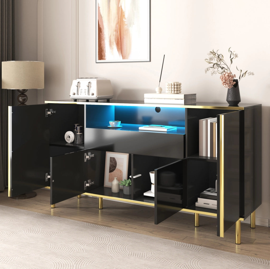 Madia con LED 150x40x80 cm in MDF e truciolare nero lucido con 4 ante e 1 cassetto