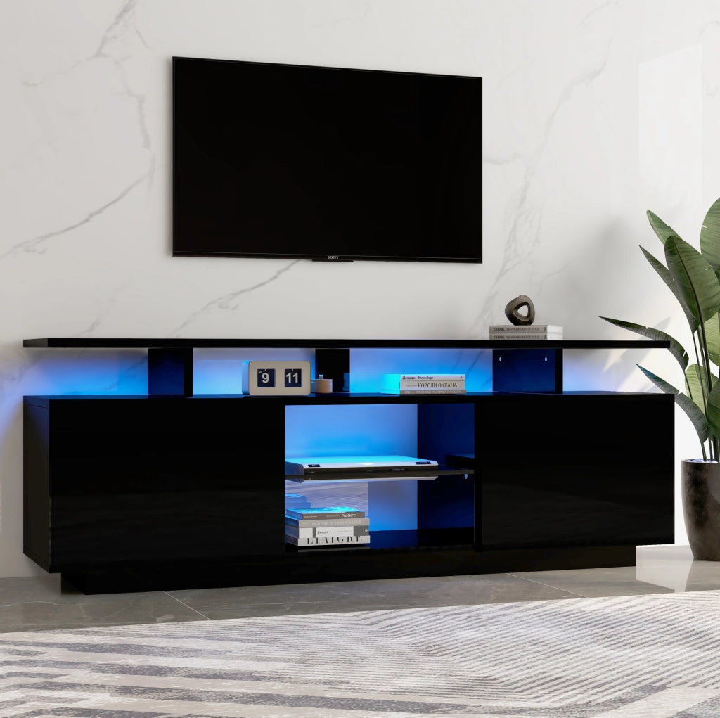 Mobile TV 140x35x55 cm con illuminazione LED controllata da app; in truciolare nero