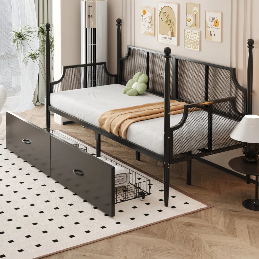 OKWISH Letto Divano 90×200 cm, Letto Singolo con 2 Cassetti, Schienale a Rete e Braccioli, senza Materasso, in Metallo, Nero