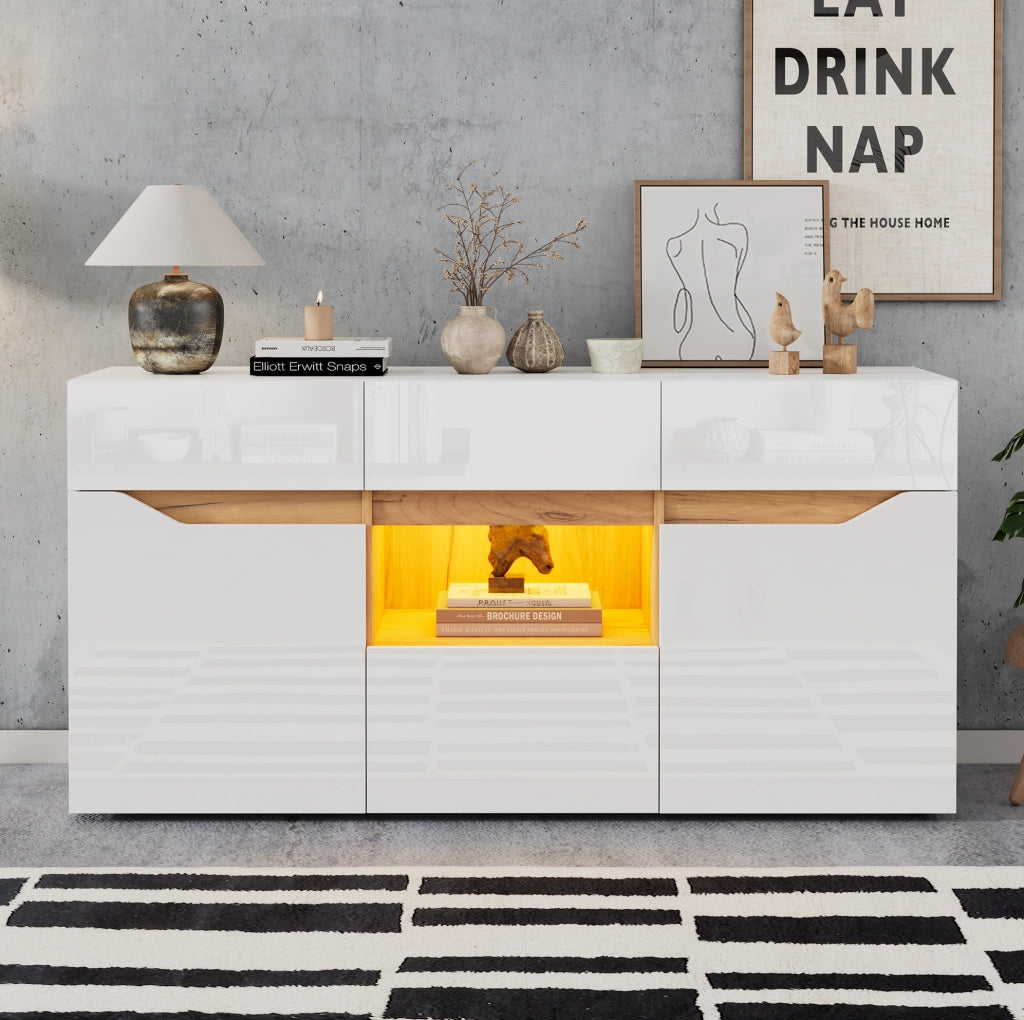 Madia con LED, 4 cassetti e 2 vani, bianco e legno