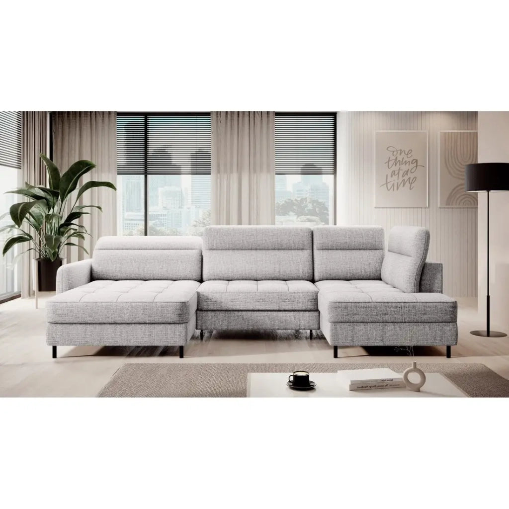 Divano angolare convertibile BERTHO 306 cm grigio chiaro – Angolo sinistro con contenitore