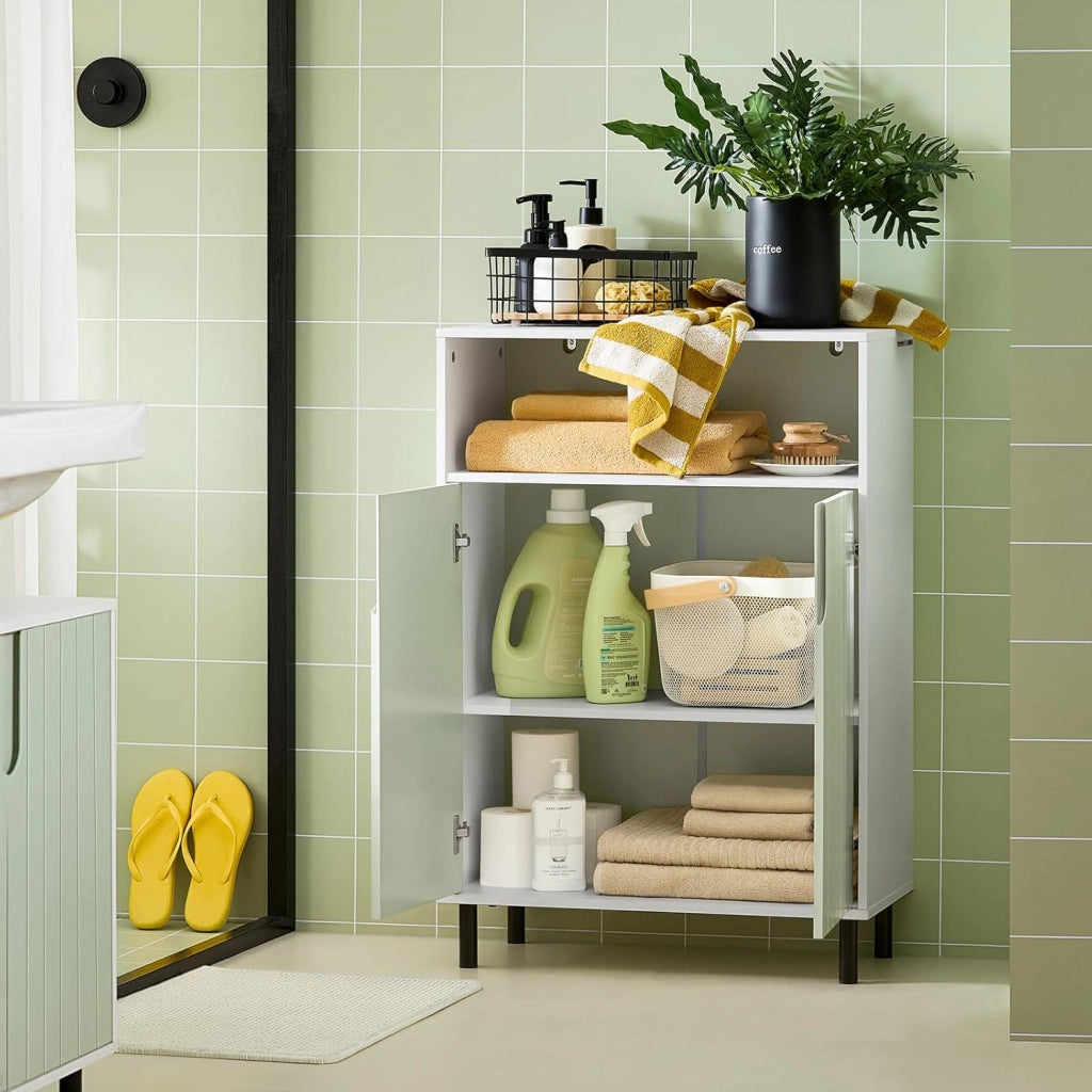 Mobiletto bagno Mobile bagno con 3 Ripiani e 2 Ante, Armadietto portaoggetti Mobile contenitore Verde 60x30x87cm, BZR138-GR